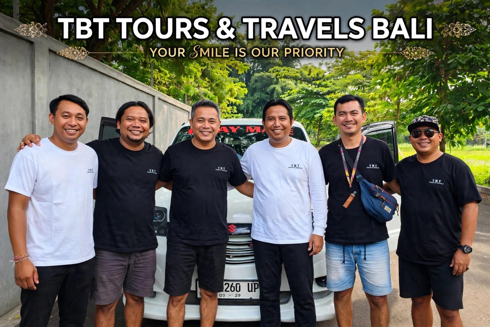 Six TBT team members standing together in Bali, listed left to right underneath